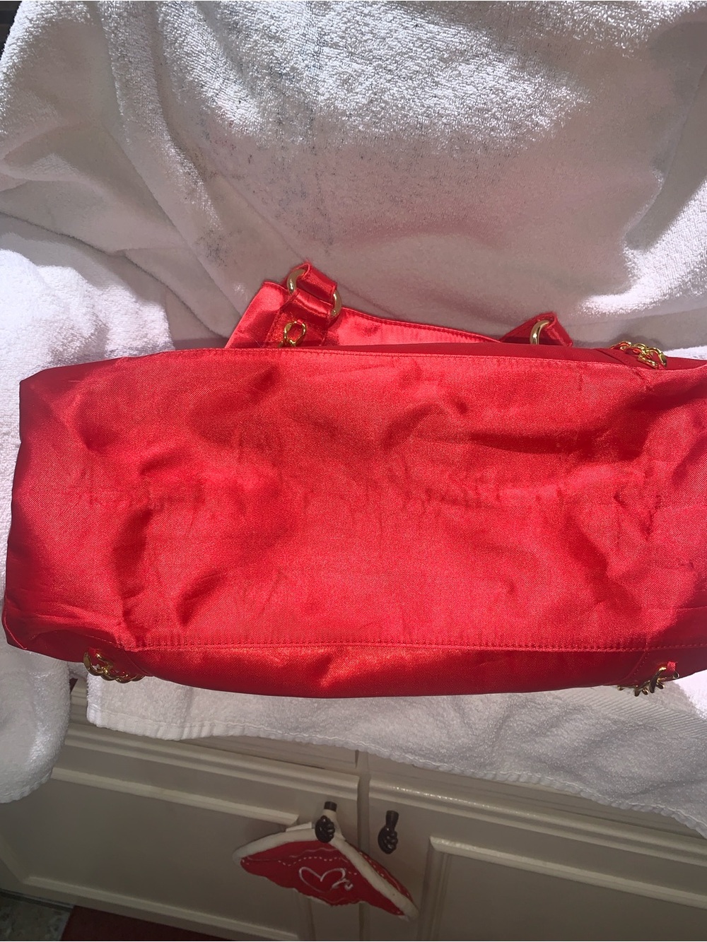 bebe Red Satin Shoulder Tote with Gold Chain Accents - Picture 4 of 10